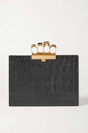 Four Ring Embellished Croc-effect Leather Clutch - Black