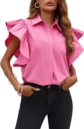 Tankaneo Womens Ruffle Button Down Shirts Cute Summer Short Sleeve Tops Blouse Rose Red at Amazon Women’s Clothing store