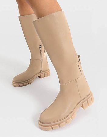 Stradivarius knee boots with chunky sole in caramel | ASOS