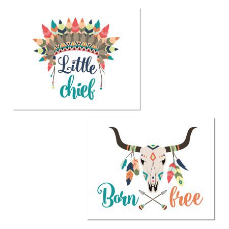 Lovely Teal, Blue and Orange Tribal 'Born Free' and 'Little Chief' Headdress and Cow Skull Set; Two 14x11in Unframed Paper Poster - Walmart.com