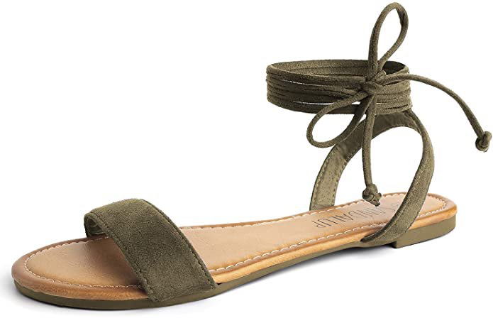 SANDALUP Tie Up Ankle Strap Flat Sandals for Women Khaki Green