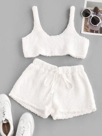 [28% OFF] [POPULAR] 2020 Cropped Fluffy Faux Shearling Pajama Set In WHITE | ZAFUL