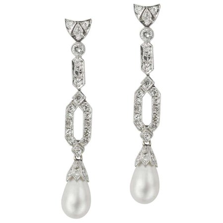 Pair of Natural Saltwater Pearl and Diamond Drop Earrings For Sale at 1stDibs