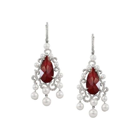 Natkina Pearl Ruby Diamond White Gold Baroque Chandelier Drop Earrings For Sale at 1stDibs