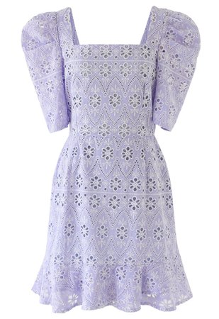Zigzag Eyelet Floral Embroidered Square Neck Mini Dress in Pea Green - Retro, Indie and Unique Fashion