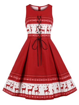 DressLily.com: Photo Gallery - Plus Size Christmas Elk Print Lace Up A Line Dress