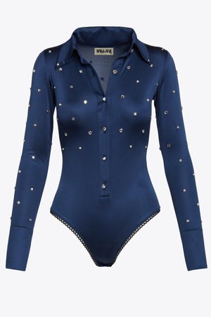 Donna Silk Rhinestone Bodysuit in Navy – Stellaire Collection