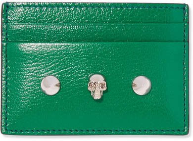 Embellished Glossed Textured-leather Cardholder - Green