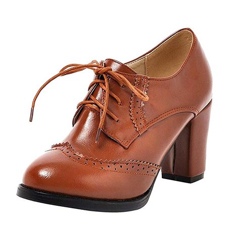 Amazon.com | Dear Time Block Heels Wingtip Oxfords Vintage PU Leather Brogue Shoes Woman US 7 Yellow | Oxfords