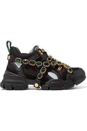 Gucci | Flashtrek embellished logo-embossed mesh, suede and leather sneakers | NET-A-PORTER.COM