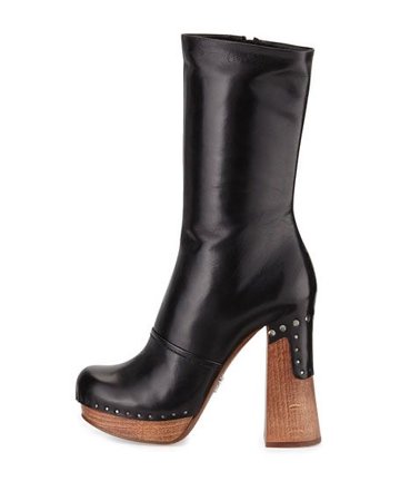 Prada Leather Nail-Studded Boot, Nero