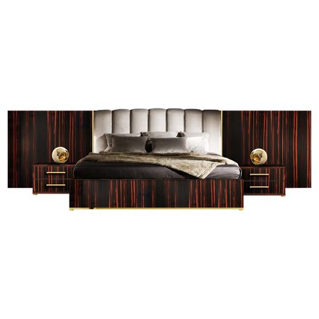 Contemporary Poseidon Bed with Nightstands, Ebony Veneer, Brass, Velvet For Sale at 1stDibs
