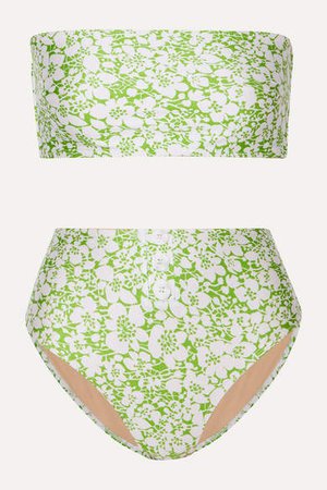 Grete Button-detailed Floral-print Bandeau Bikini - Green