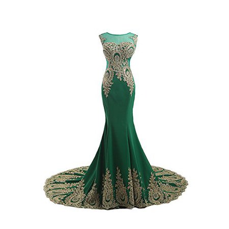Kivary Gold Lace Sexy Mermaid Green Tulle Long Prom Formal Evening Dresses US 12 $116.99