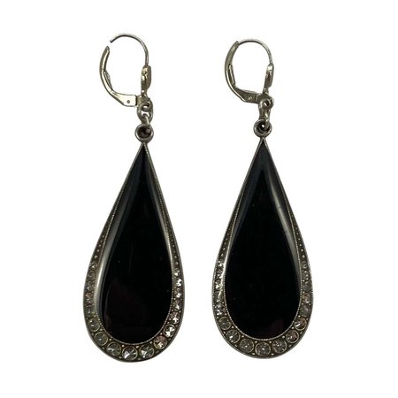 Pierre Bex Art Deco style Black Enamel and Clear Crystal Drop Earrings For Sale at 1stDibs