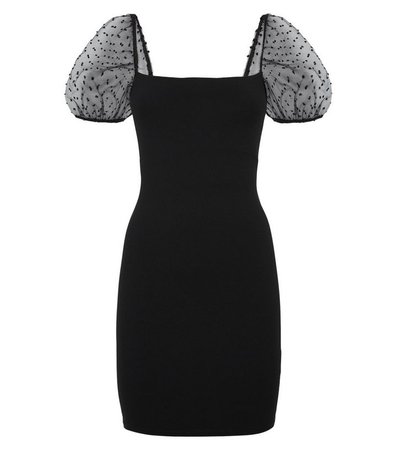 Black Spot Organza Sleeve Bodycon Dress | New Look
