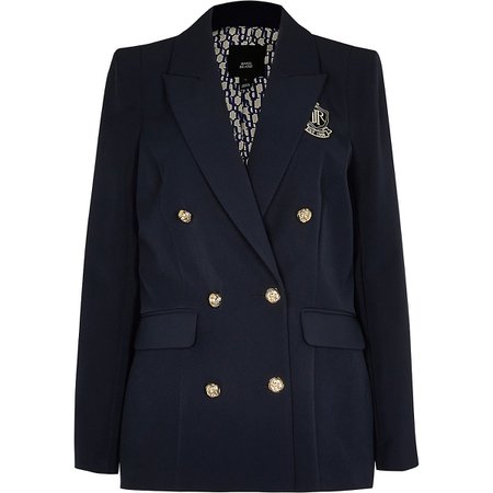 Navy fitted double breasted blazer | River Island