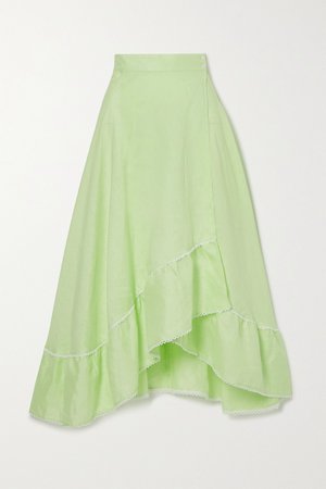 Green Marika tiered crochet-trimmed linen midi skirt | Miguelina | NET-A-PORTER