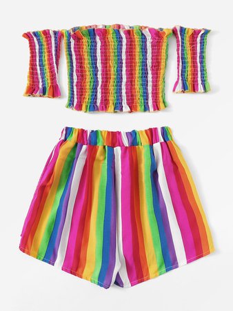 Lettuce Frill Shirred Colorful Striped Top With Shorts | ROMWE