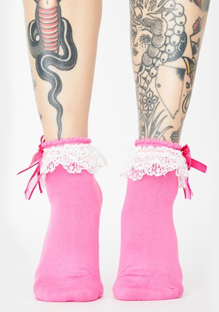 Maid Lace Ruffle Socks - Hot Pink