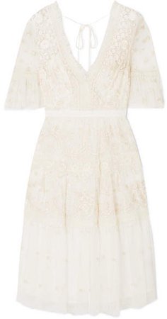 Midsummer Lace-trimmed Embroidered Point D'esprit Tulle Dress - Ivory