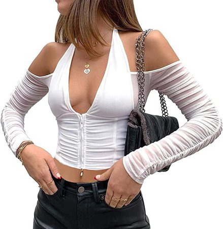 Lancifolium Women’s Halter Long Sleeve Crop Top Y2k Deep V Neck T Shirts at Amazon Women’s Clothing store
