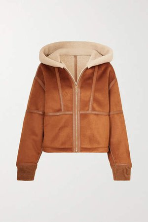 Hooded Faux Leather-trimmed Faux Shearling And Suede Jacket - Brown