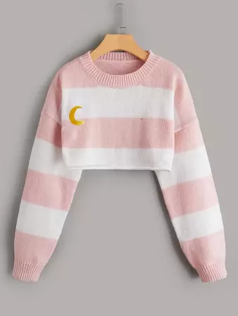 ROMWE Sweetness Moon & Striped Pattern Crop Sweater | SHEIN USA