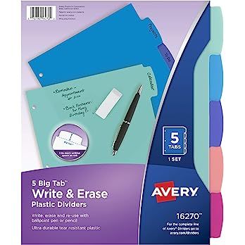 Amazon.com : Avery Durable Plastic 5-Tab Write & Erase Big Tab Dividers for 3 Ring Binders, Pastel Brights (16270) : Office Products