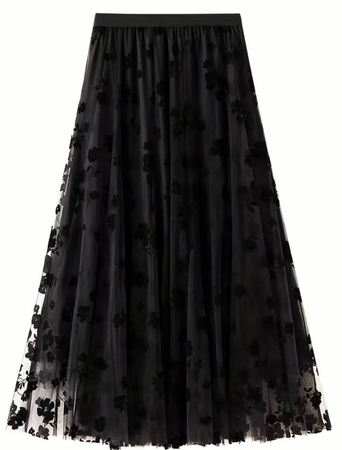 Black Floral Print Tulle Skirt