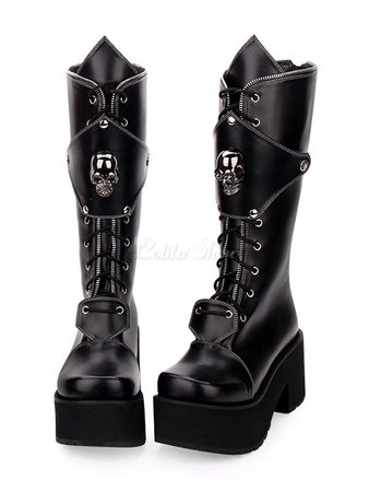 Gothic Lolita Boots Skull Lace Up Platform Chunky Heel Black Lolita Shoes - Lolitashow.com