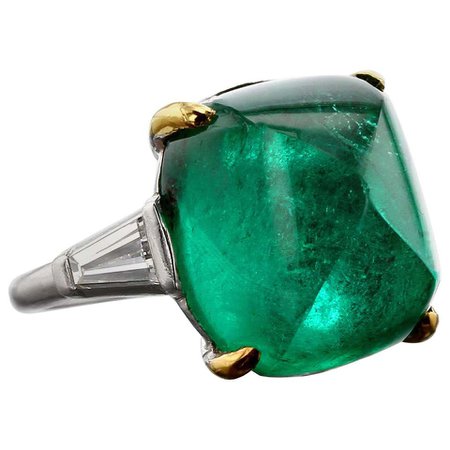 Emerald Sugarloaf and Diamond Gold Platinum Engagement Ring For Sale at 1stDibs
