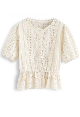 Eyelet Embroidery Crochet Peplum Top in Cream - NEW ARRIVALS - Retro, Indie and Unique Fashion