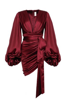 Dark Red V-Neck Long Sleeve Dress