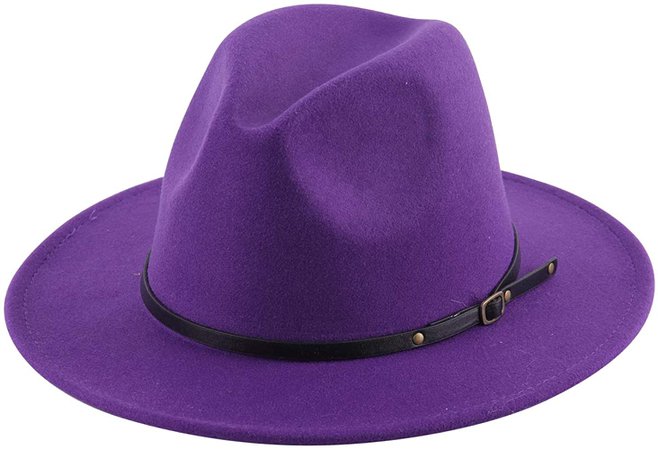 Lanzom Womens Classic Wide Brim Floppy Panama Hat Belt Buckle Wool Fedora Hat (One Size, Purple) at Amazon Women’s Clothing store