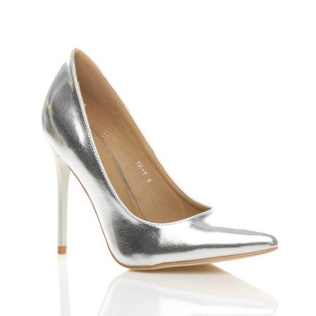 Womens Silver PU High Heel Pointed Court Shoes