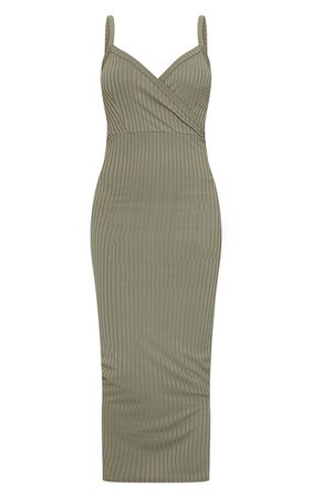 Olive Khaki Ribbed Wrap Front Strappy Midi Dress | PrettyLittleThing USA
