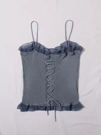 Lace Up Knot Mesh Frill Trim Rib-knit Top | SHEIN USA blue