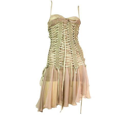 Iconic Dolce and Gabbana Lace Up Cage Leather and Silk Corset Dress For Sale at 1stdibs