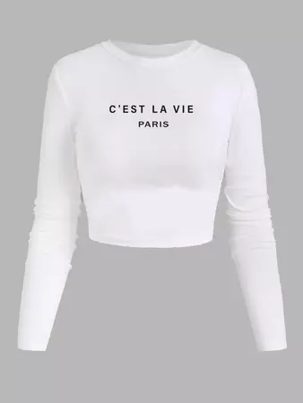 Women's Daily Letter C'EST LA VIA PARIS Embroidered Ribbed Long Sleeve Slim Crop Tee In WHITE | ZAFUL 2024