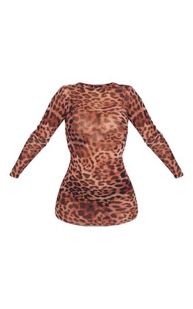 Brown Leopard Print Mesh Long Sleeve Bodycon Mini Dress | PrettyLittleThing USA