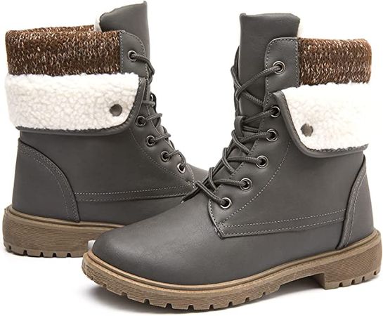 Amazon.com | hash bubbie Women's Waterproof Winter Boots Black Combat Boots Mid Calf Snow Boots PU Leather Boots Lace up Fur Lined Ankle Booties（Dark Grey.US6） | Ankle & Bootie