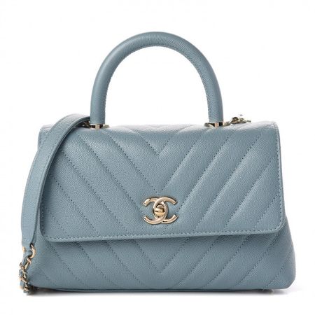 CHANEL Caviar Chevron Quilted Mini Coco Handle Flap Sky Blue 598246