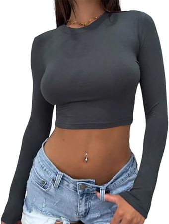 Abardsion Women's Sexy Long Sleeve Crop Top 2023 Crew Neck Basic Fitted Tight Cropped T Shirts(Dark Grey, S) at Amazon Women’s Clothing store