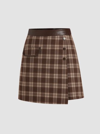 Brown Plaid Pattern Mini Skirt - Cider