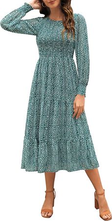 Vivilime Women Long Sleeve Fall Dresses Smocked Bodice and Cuffs Boho Floral Tiered Casual Midi Dress with Pockets at Amazon Women’s Clothing store