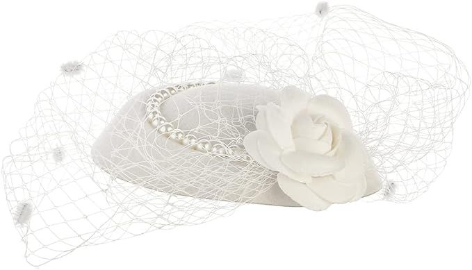 NYTAZAJIX Fascinator Hats Flower Feather Pillbox Hat 50s Cocktail Veil Tea Party Wedding Headwear with Clips for Women (White 3) at Amazon Women’s Clothing store