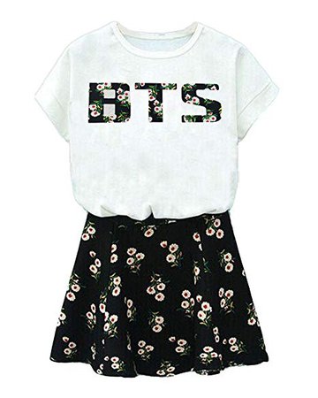 BTS Suga Jin Jimin Jung Kook Printed T-Shirt + Floral Skirt Two Piece Suit