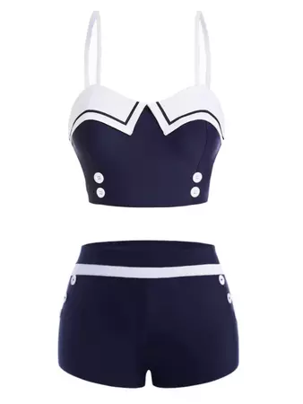 Navy Blue 1950s Spaghetti Buttons Swimsuit | Retro Stage
