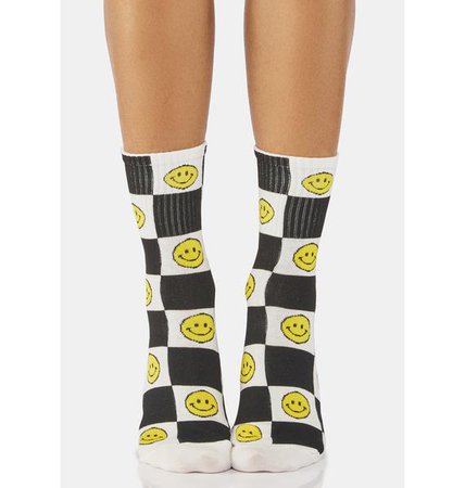 Smiley Checkered Print Crew Socks - White Black Yellow | Dolls Kill